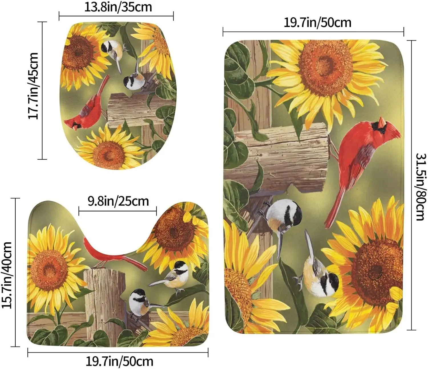 Sunflower Cardinal Bird Bath Mat Set  Rustic Garden 3-Piece Rug for Bathroom, Toilet Lid Cover & U-Shaped Pad, Non-Slip Washable