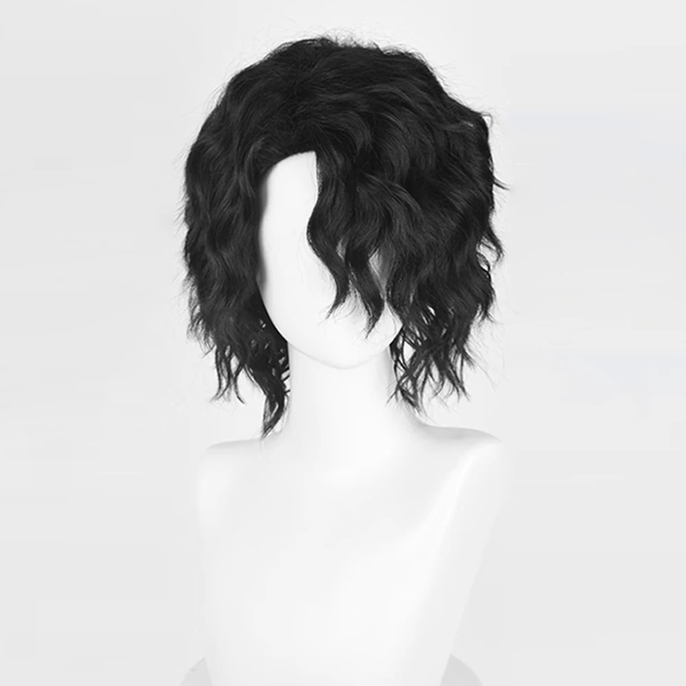 Synthetic Short Black Wavy Curly Wig With Side Bangs For Man Cosplay Anime Party Fake Hair Heat Resistant Wig