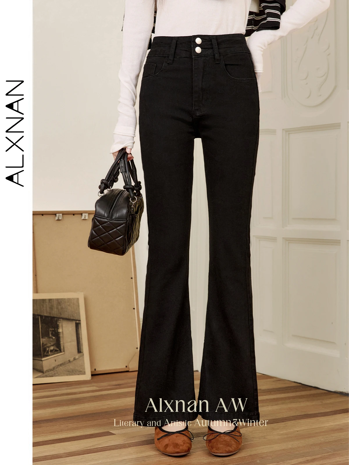 ALXNAN 블랙 플레어 진 2025 더블 버튼 소프트 엘라스틱 여성 바지 우아함 내추럴 가을 겨울 여성용 바지 L50607
