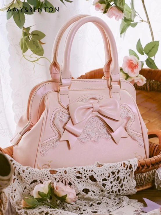 

Lolita Bags for Women Japanese Sweet Lace Patchwork Handbag Cute Bow Girly Elegant Versatile Leather Handbags Pink Crossbody Bag