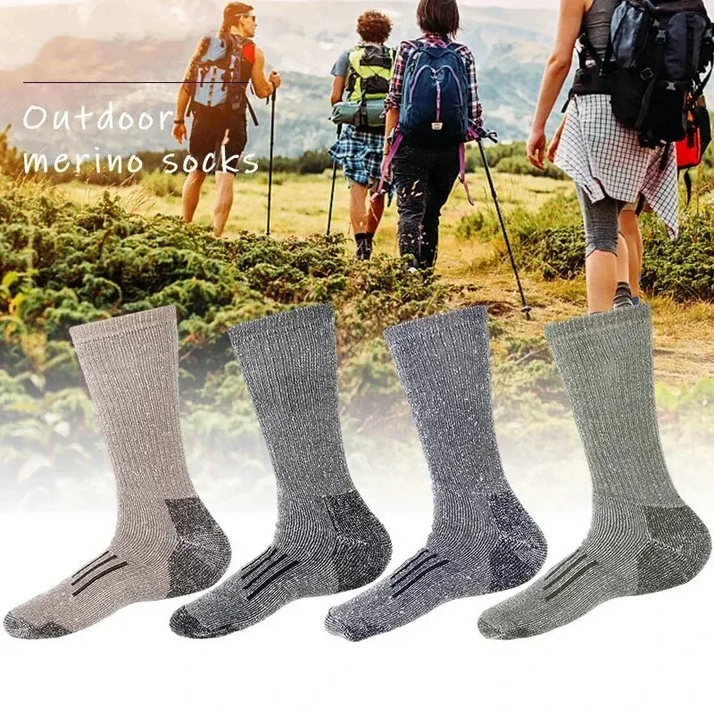 Merino Wool Socks Mens Autumn Winter Thickened Thermal Socks Mountaineering Breathable Outdoor Sports Socks Large Leg weights