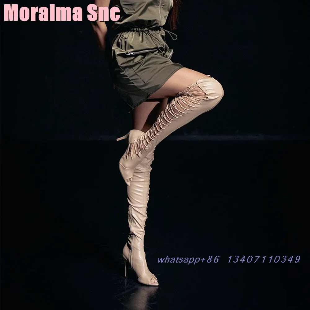 

Sexy Lace-up Peep Toe Hollow Sandals Boots Fashion Stiletto High Heels Women's Over-the Knee Boots Ladies Dance Shoes Nude Solid
