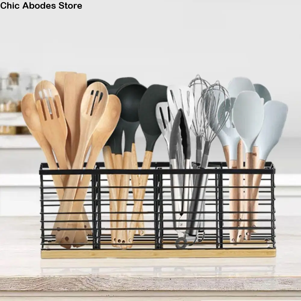 

Large Capacity Cooking Utensils Storage Basket 4 Compartment Drainable Cutlery Holder Ventilated Detachable