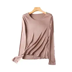 Camisetas de punto de doble cara de seda de morera suave para mujer, cuello redondo, ajuste Delgado, Tops de fondo de manga larga, nuevas