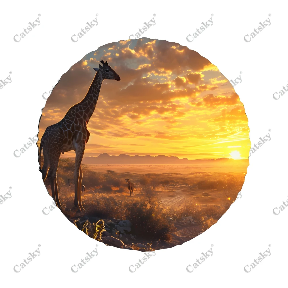 Sunrise with Giraffe Polyester Universal Spare Wheel Tire Cover Custom Tire-Covers for Trailer RV SUV Truck Camper