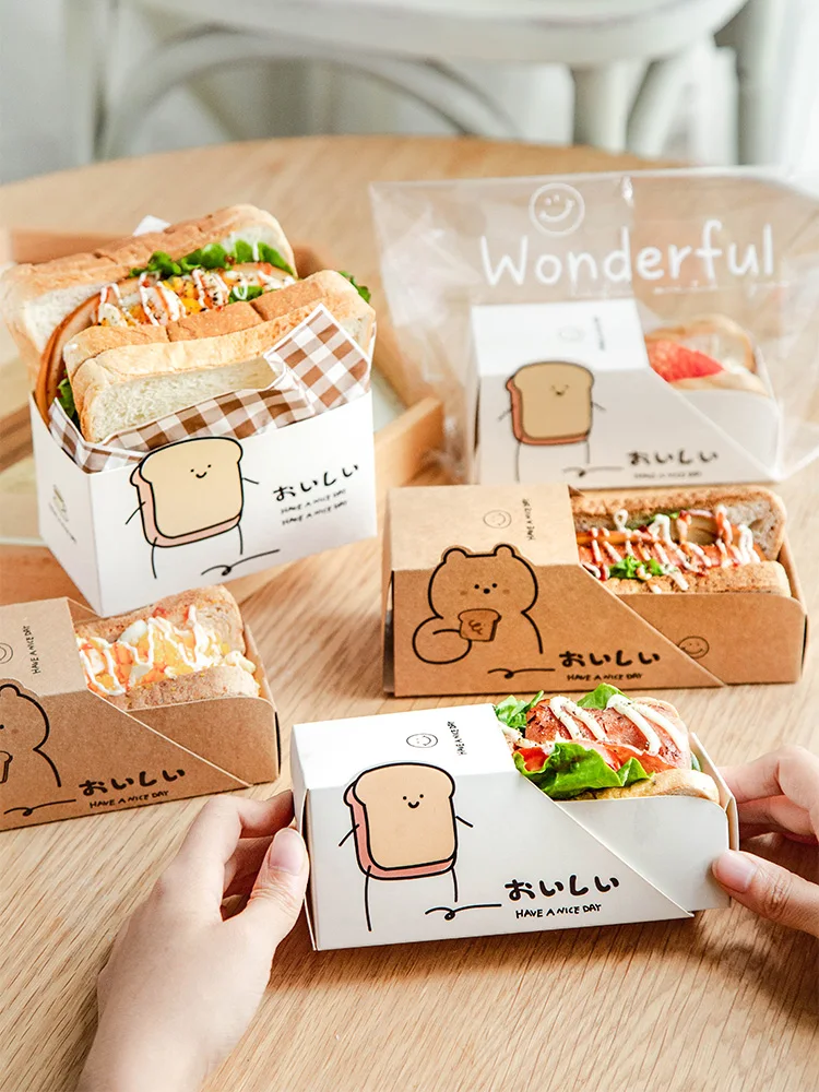 10pcs/lot Sandwich Box/Bag Wrapper Paper Bread Box Hamburger Portable Packaging Toast Box Breakfast Hotdog Box Baking Decor