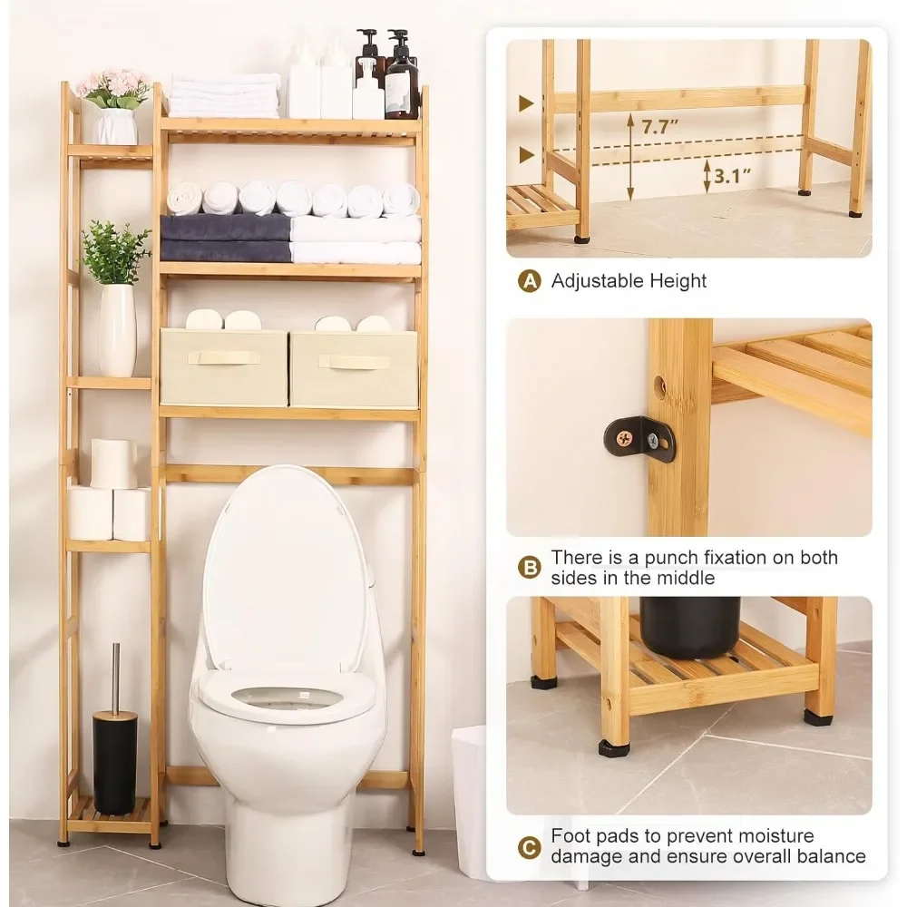 Over The Toilet Storage with Basket and Drawer, Bamboo Bathroom Organizer with Adjustable Shelf & Waterproof Feet Pad