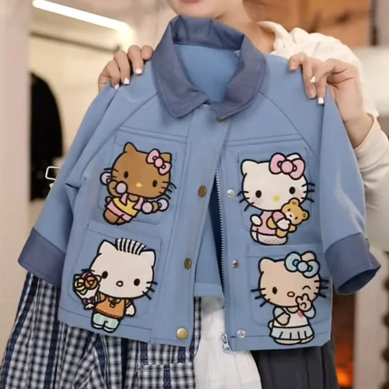 Sanrio Hello Kitty 2025 New Loose Jacket Top Foreign Style Girl Spring and Autumn Contrasting Color Denim Blue Coat Holiday Gift