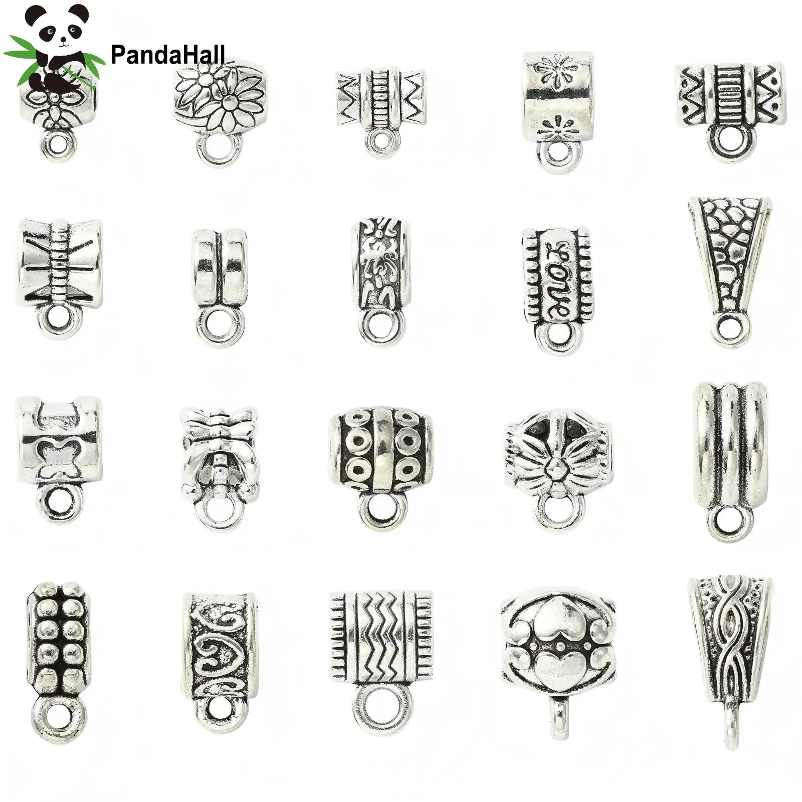 Pandahall 100Pcs Mixed Styles Tibetan Tube Bails Connectors Triangle Column Tube Hanger European Spacer Beads for Jewelry Making
