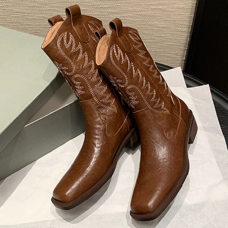 Vrouwen Geborduurde Western Enkellaarzen Vintage Vierkante Kop Dikke Hak Mode Laarsjes Herfst Winter Nieuwe Mid-Calf Dames Laarzen