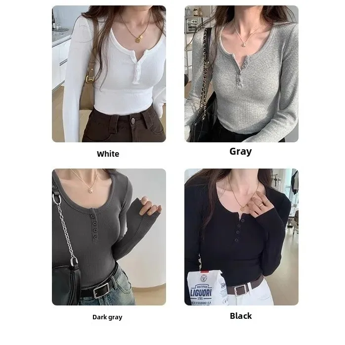 Wholesale Autumn Winter Korean Style Sanding Thickened V-Neck Button Solid Color Long Sleeve T-Shirts Women Slims Smooths Your S