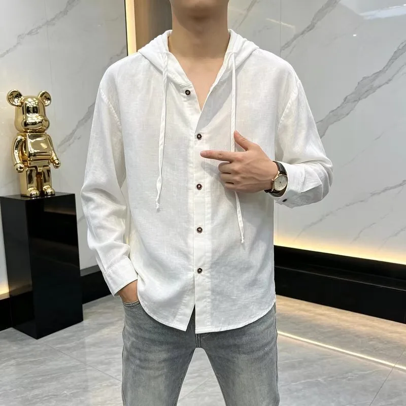 2026 Summer Hooded Shirt Men's Breathable Solid Color Long Sleeved Casual Shirt Versatile Social Breathable Sunscreen Shirts