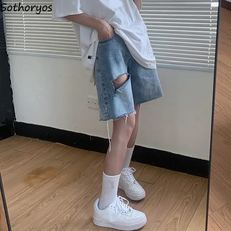 Women Shorts High Waist Denim Knee Length All-match Street Cool Hole Females Leisure Chic Loose Elegant Straight Slim Fashion
