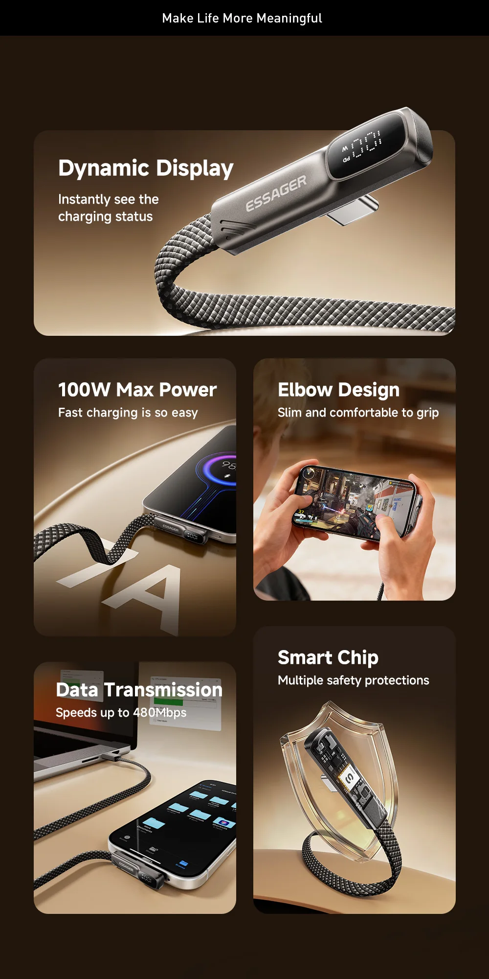 Essager Elbow 7A USB-auf-Typ-C-Kabel mit Digitalanzeige, Schnellladekabel 100W 88W für Huawei, Honor, Oneplus, Samsung – Detail 2
