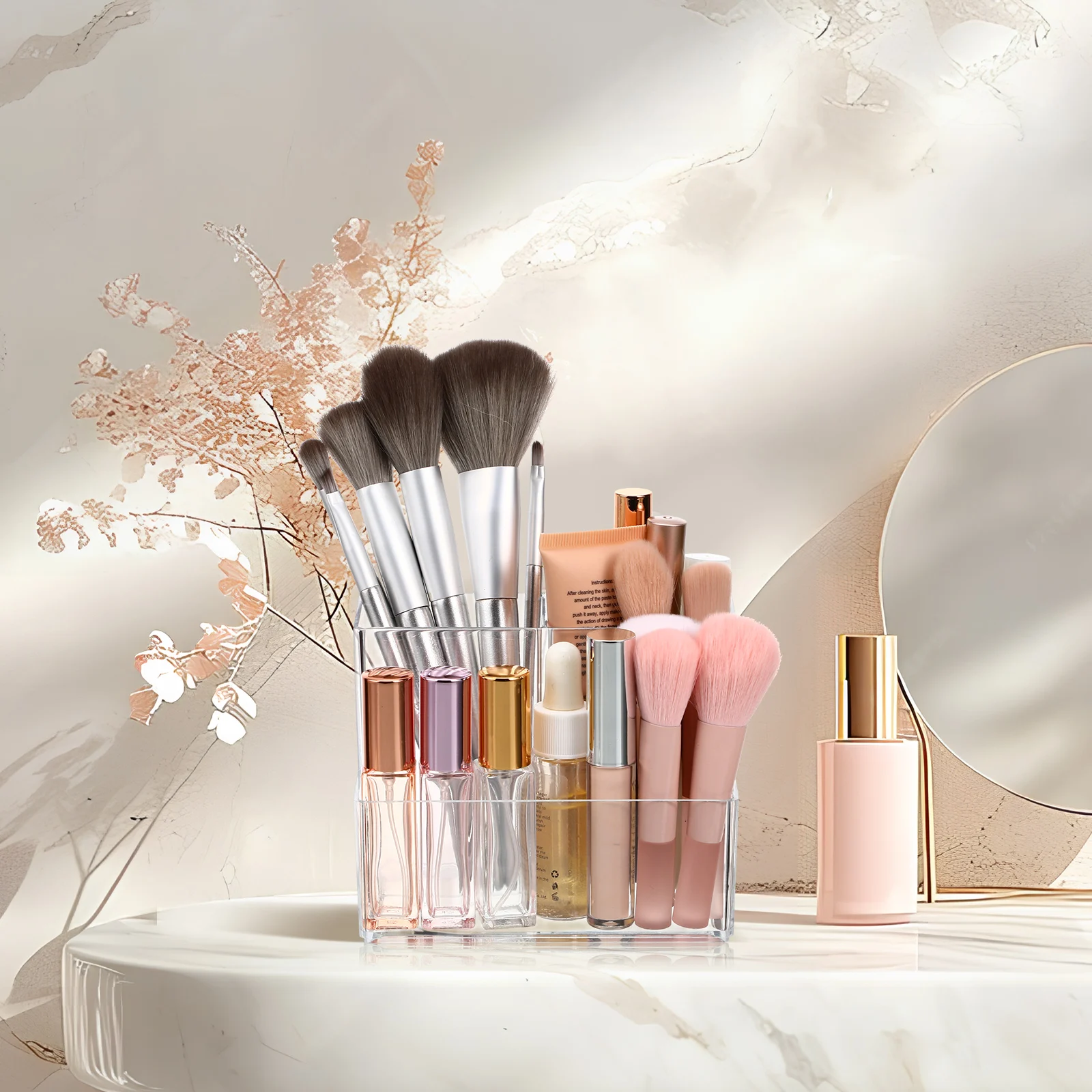 

Skincare Organizer Desktop Makeup Storage Case Holder for Vanity Desk with Compartments Pen Container Travel Friendly