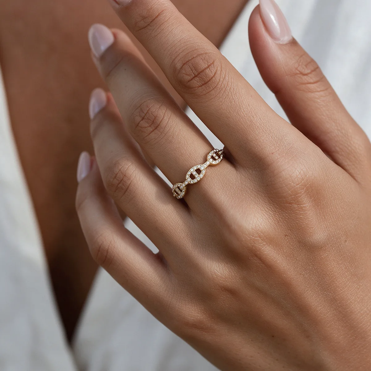 Ars Stainless Steel Open Ring for Women 18K Gold Plated Inlaid Zircon Pig Nose Link Rings Adjustable Ring Waterproof Daily Rings - view 3