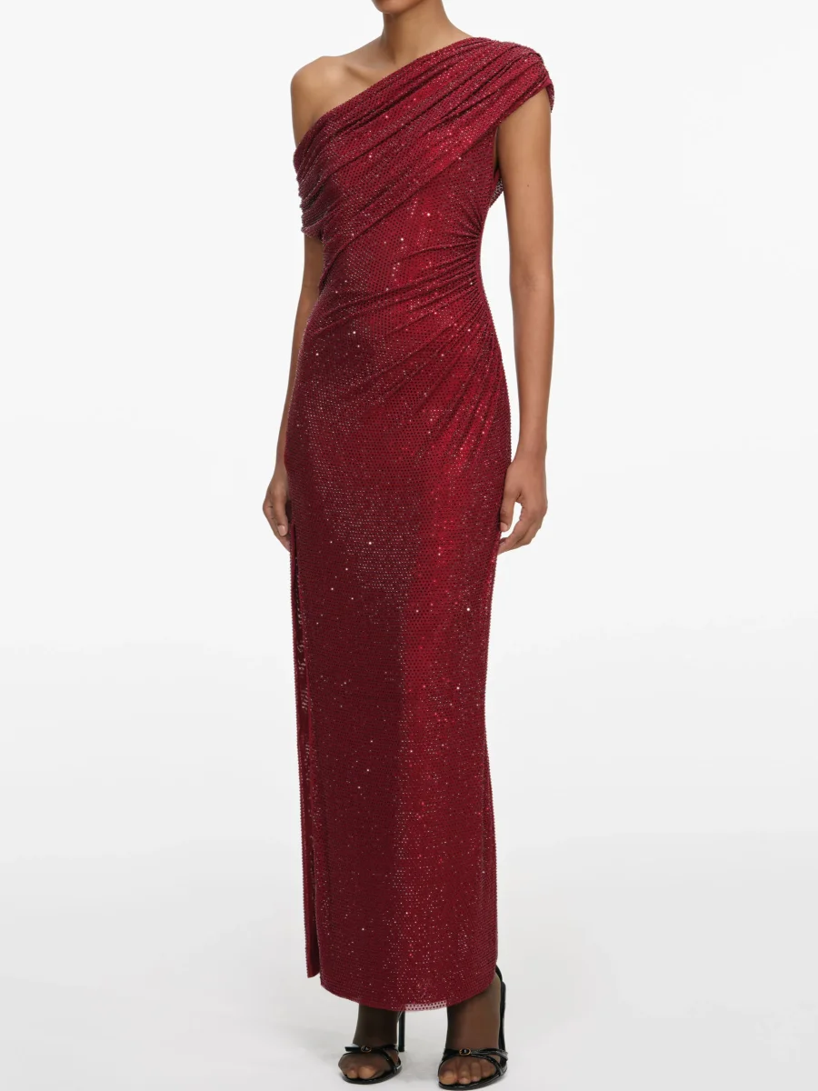 

Женское платье макси с кристаллами и бисером, диагональные плечи, высокая талия, вечерние тонкие халаты