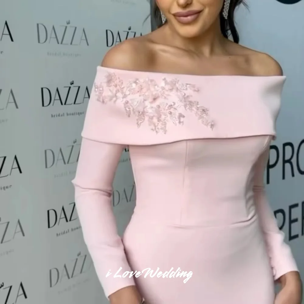 

Pink Strapless Evening Dresses 2025 Long Sleeve Sequin Beaded Flower Sheath Pleated Floor-Length Wedding Party Dress Customized
