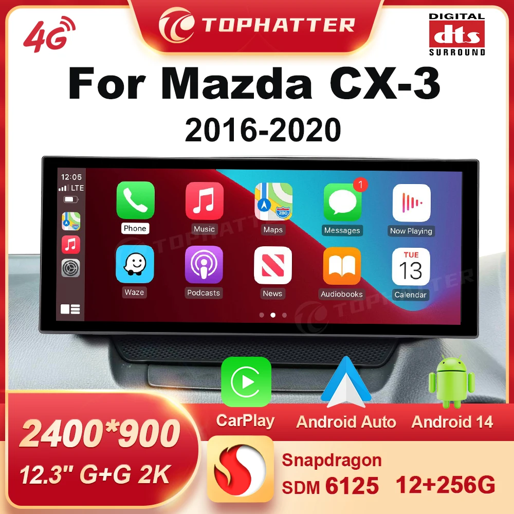 

Carplay For Mazda CX-3 2016 - 2020 Car Radio 12.3" 2K Stereo Navi Qualcomm 8Core DTS Multimedia Android14 Head Unit Player