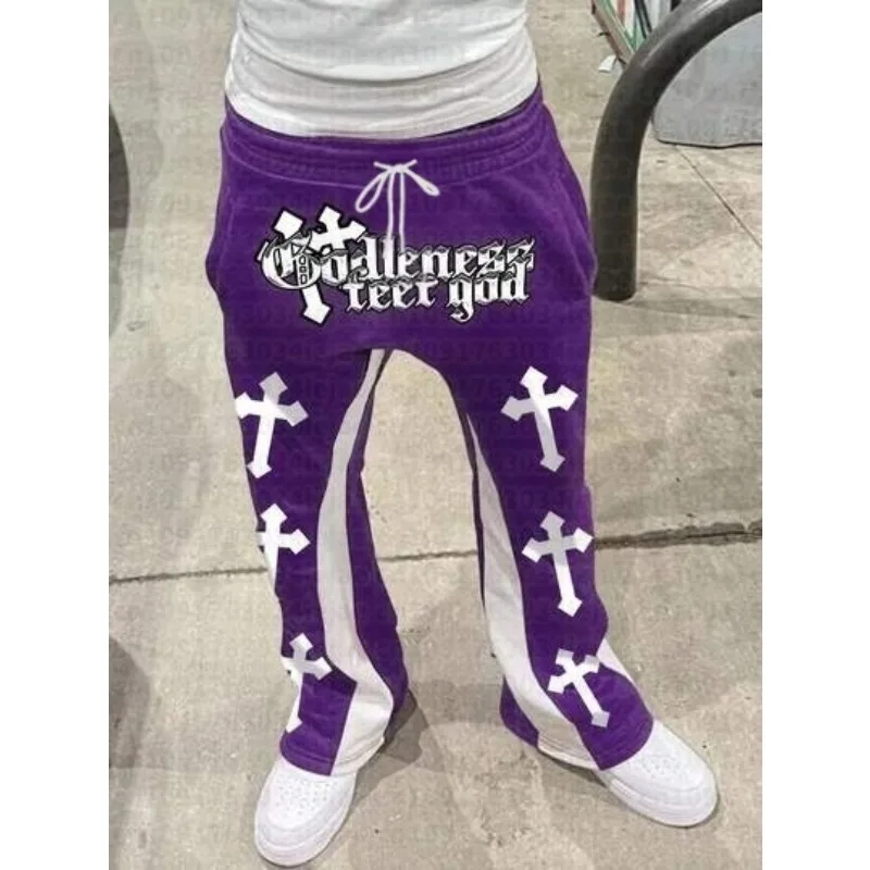 Men's Casual Street Style Trendy Cross Print Fashionable Slightly Flared Black and White Color-Block Design Sweatpants Kid Pants