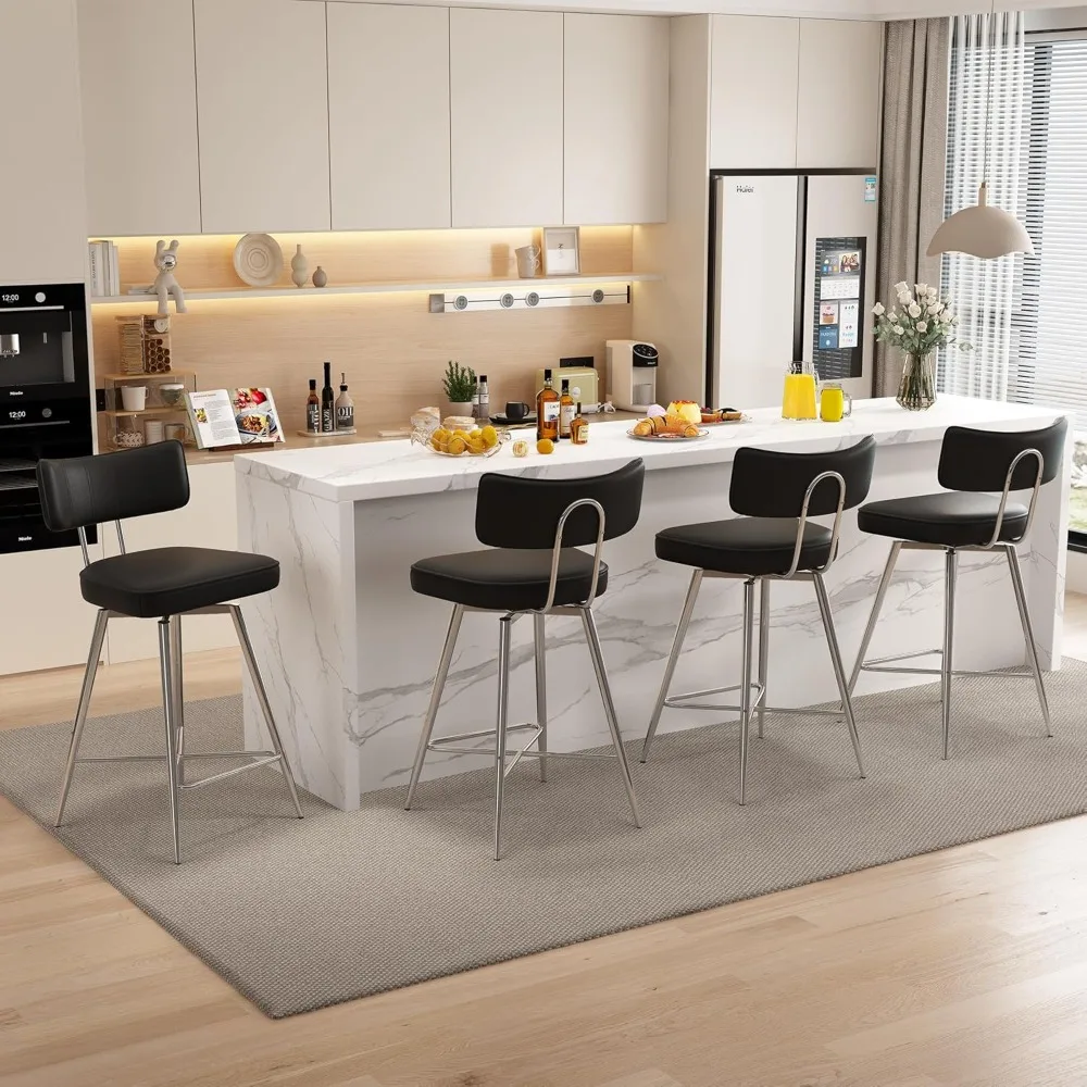Lot de 2 tabourets de bar pivotants en cuir, 26 tabourets de comptoir de cuisine hauts avec dossiers, pieds en métal, repose-pieds pour une salle à manger confortable