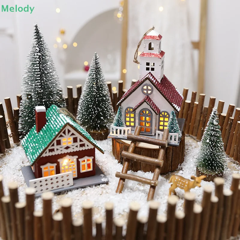 LED خشبية عيد الميلاد منزل صغير عيد الميلاد الثلوج منازل خشبية الشتاء قرية بناء التماثيل الجدول الحلي عطلة ديكور الحفلات