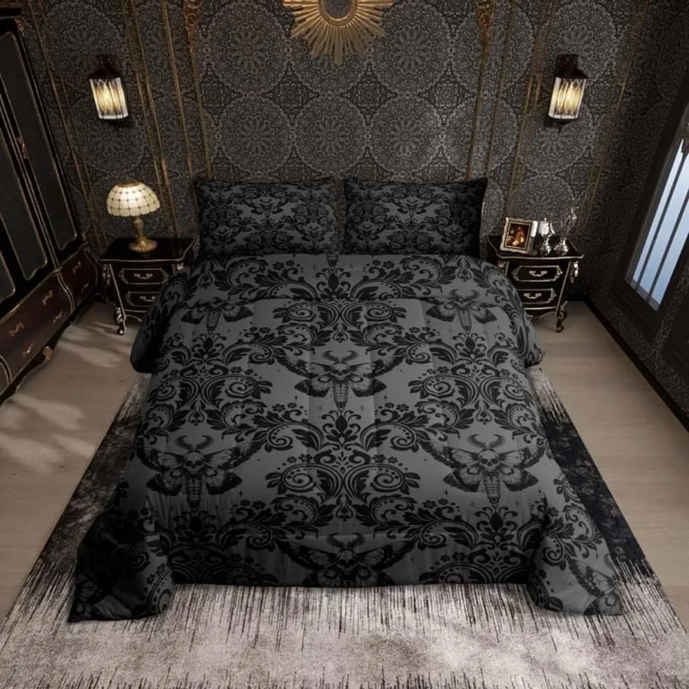 

Adults Gothic Comforter Set King Size Dark Olive Green Damask Comforter Death Moth Bohemia Boho Bedding Set Goth Skull