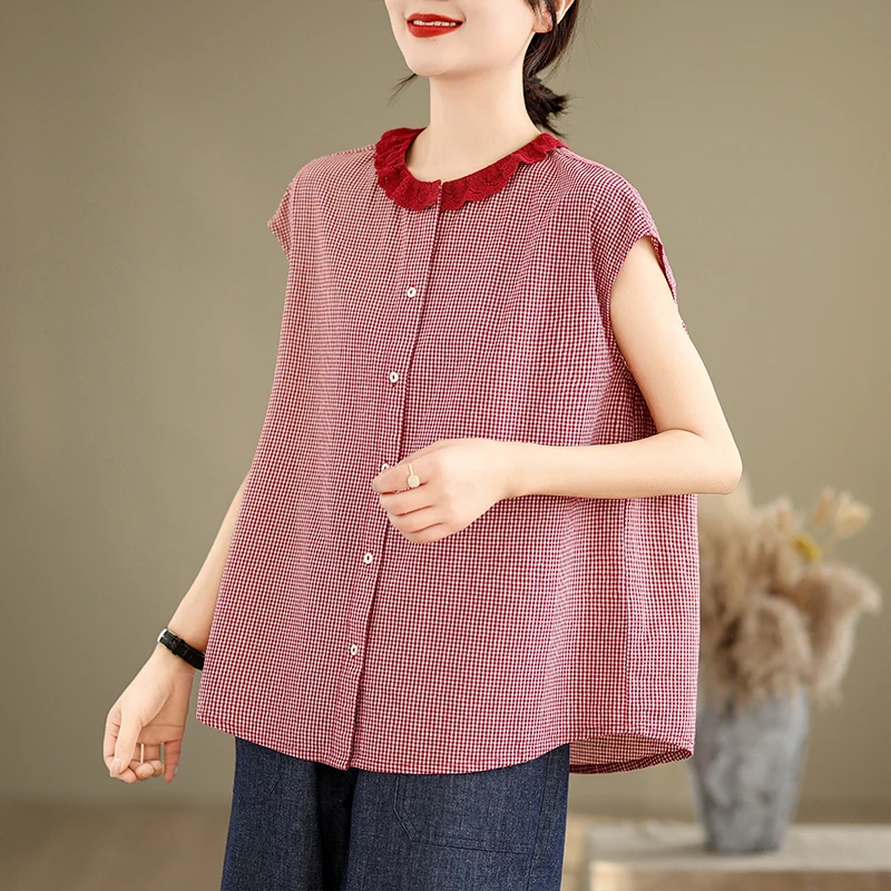 Original rétro dentelle col pur coton Plaid ample oulder couverture Sve irt femmes bouton nouveau Sle été Faion haut
