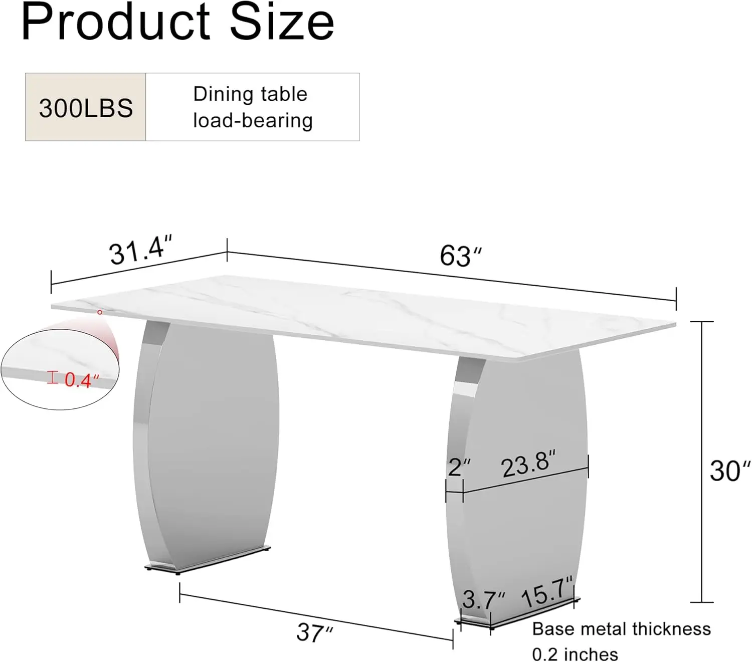 Modern Rectangular Dining Table, 0.4 Inch White Patterned Top, Silver Legs, Suitable For Kitchen, Dining Room, Living Room 63