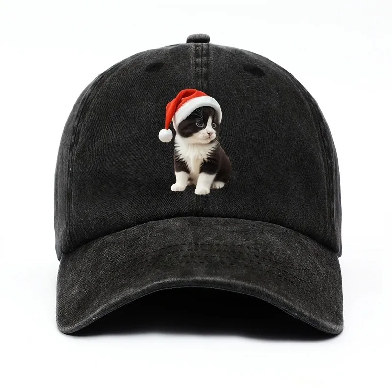 Holiday Christmas Cat Printed Baseball Hat Women's Adjustable Lightweight Dad Hat | Hand Washable