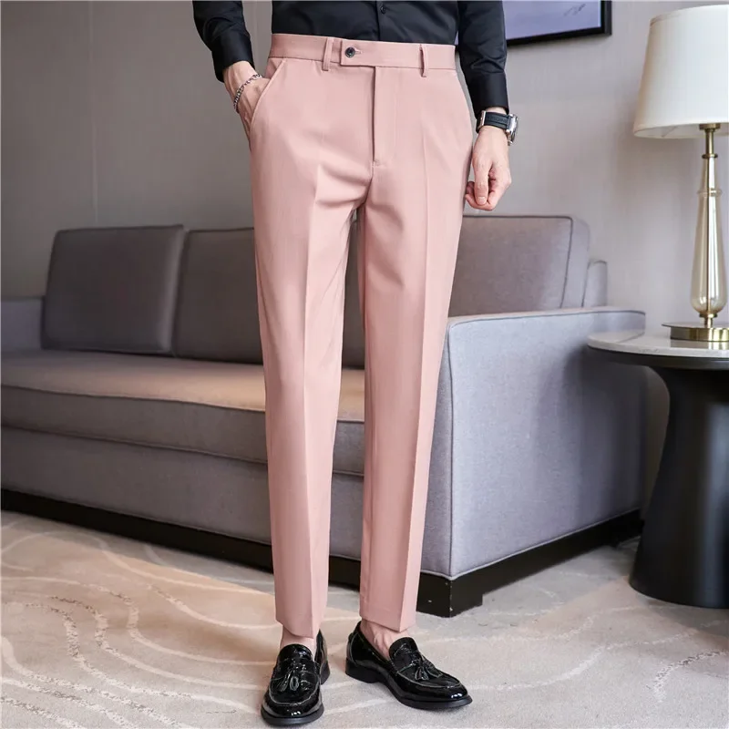 Men\'s Suit Pants 2024 Autumn Pink Blue Slim Fit Business Formal Trousers British Style Handsome Casual Dress Pants Men Clothing