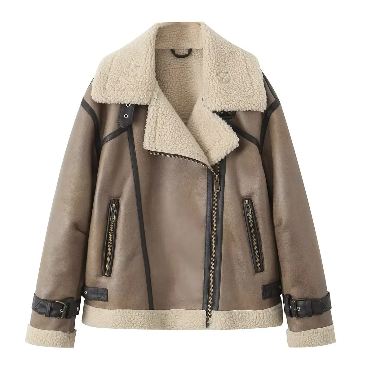 

autumn and winter new women's clothing fleece warm stitching straps hem double-sided lapel jacket coat women