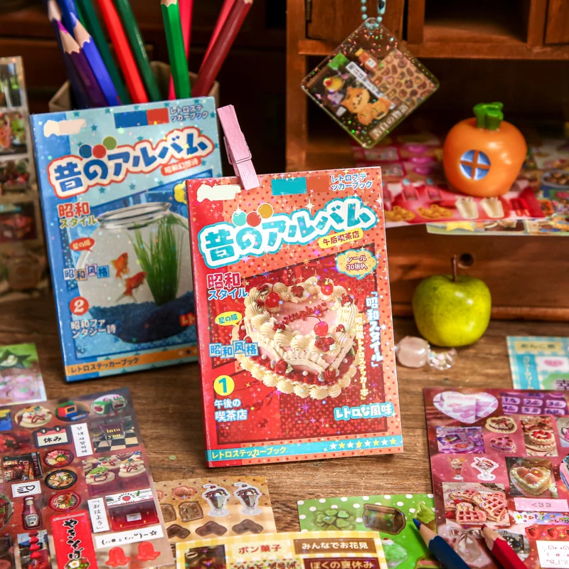 Japanisches Retro-Stickerbuch, 30 Blatt Cartoon-Aufkleber mit Kunstbeschichtetem Papier für Erwachsene, DIY Scrapbooking, Handyhüllen, Laptops