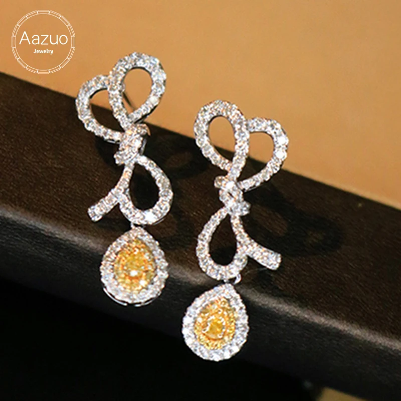 

Aazuo Luxury 18K White Gold Real Yellow Diamond 1.30ct Bowknot Stud Earring Gifted For Women Wedding Party Chain Real Gold Au750