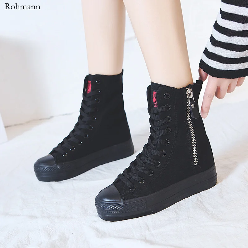 2024 New High-Top All Black Side Zip Canvas Student Shoes Platform Sneakers