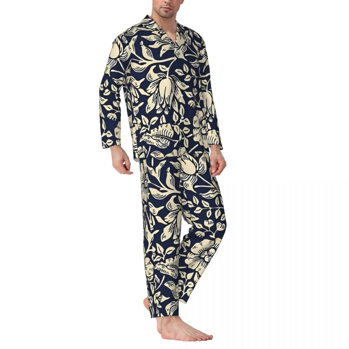 Art Nouveau Pajamas Set Autumn William Morris Blue Floral Kawaii Room Sleepwear Couple 2 Pieces Oversized Design Nightwear