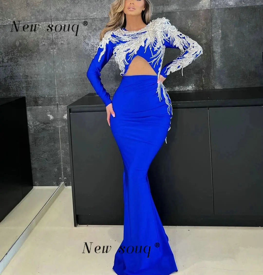 Arabic Royal Blue Long Sleeves Mermaid Satin Evening Dresses Features Ivory Beaded Sexy Cut Out Muslim Wedding Party Wear Gowns