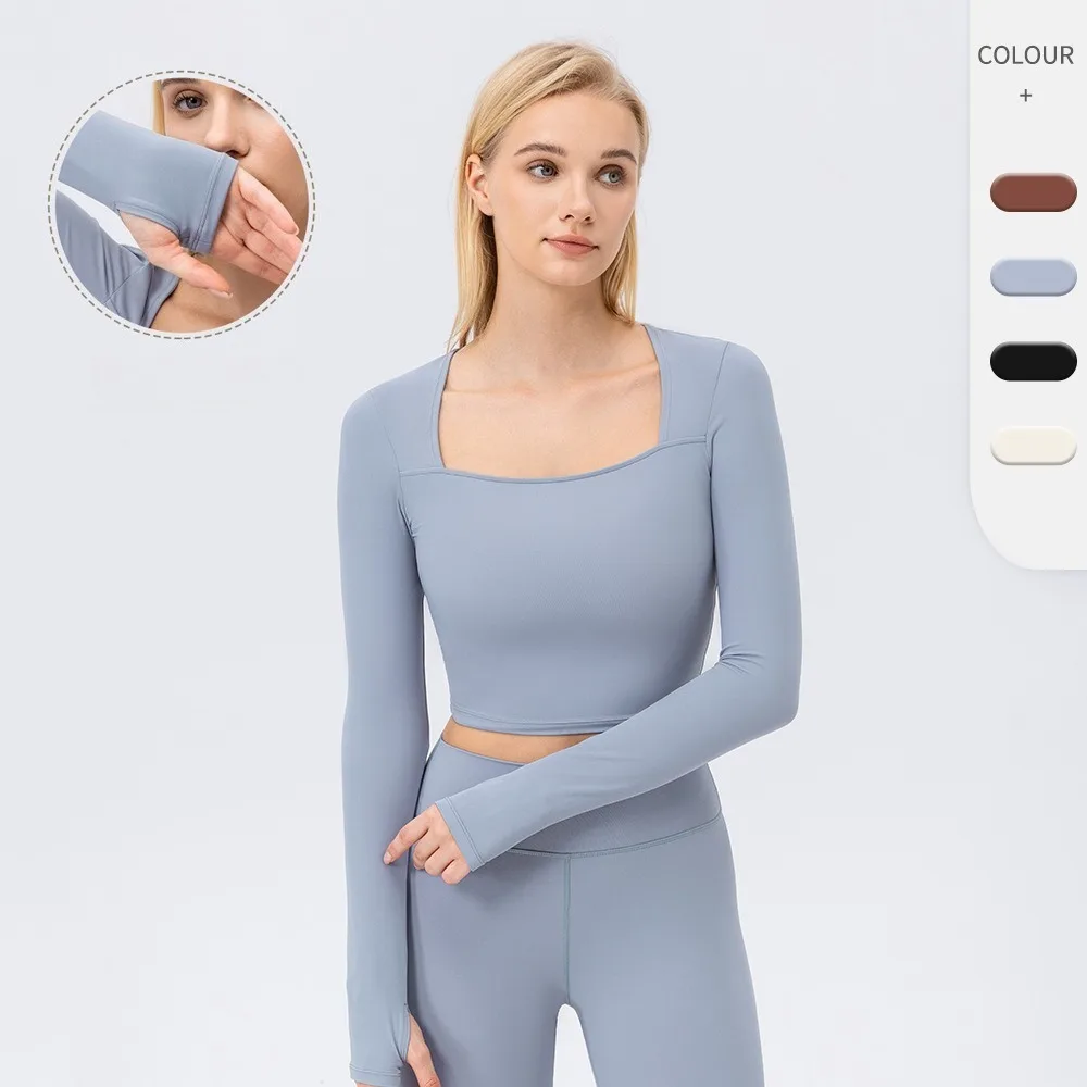 

Женская зима-осень Йога с длинным рукавом и квадратным вырезом Обтягивающая спортивная футболка для бега на открытом воздухе в тренажерном зале Активный топ