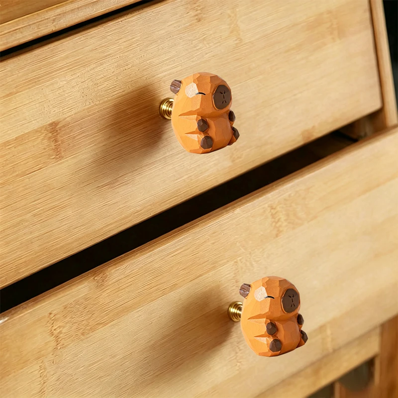 2Pcs Wooden capybara shaped cabinet knobs, hand-carved small cabinet handles with brass bases