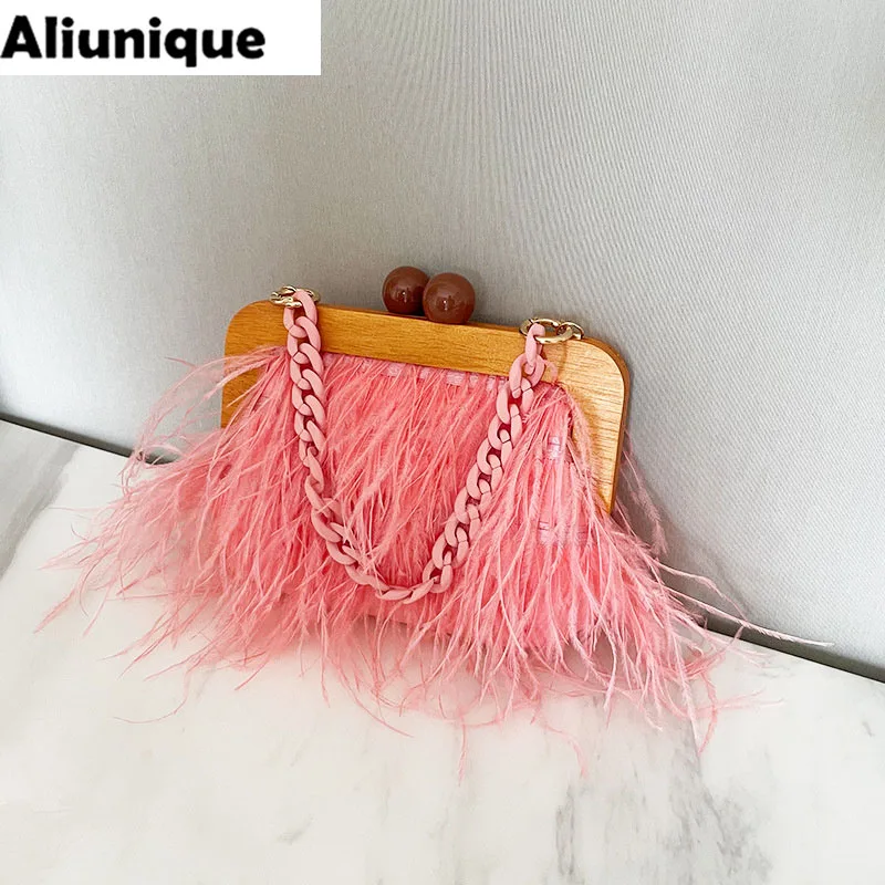 Bolso de mano de lujo con plumas de avestruz, ideal para fiestas y eventos, bolso de mano para mujer, bolso de hombro con cadena de acrílico, perfecto para bodas.