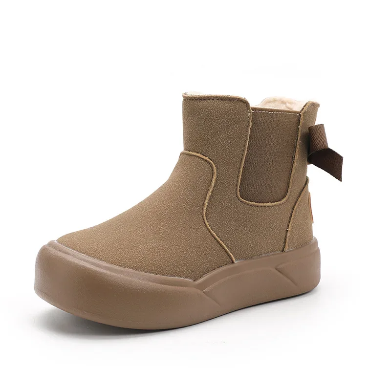 Botines de plataforma para niños, botas de nieve versátiles con lazo para invierno, botas térmicas informales de felpa cálidas para niñas y exteriores con cremallera lateral