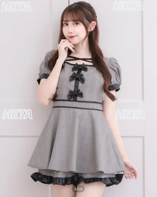 Japanese Autumn Commuter Sweet Mass Production Lolita Bow Waist Ruffle Edge Bubble Short Sleeved Dress Pleated Shorts Suit Women