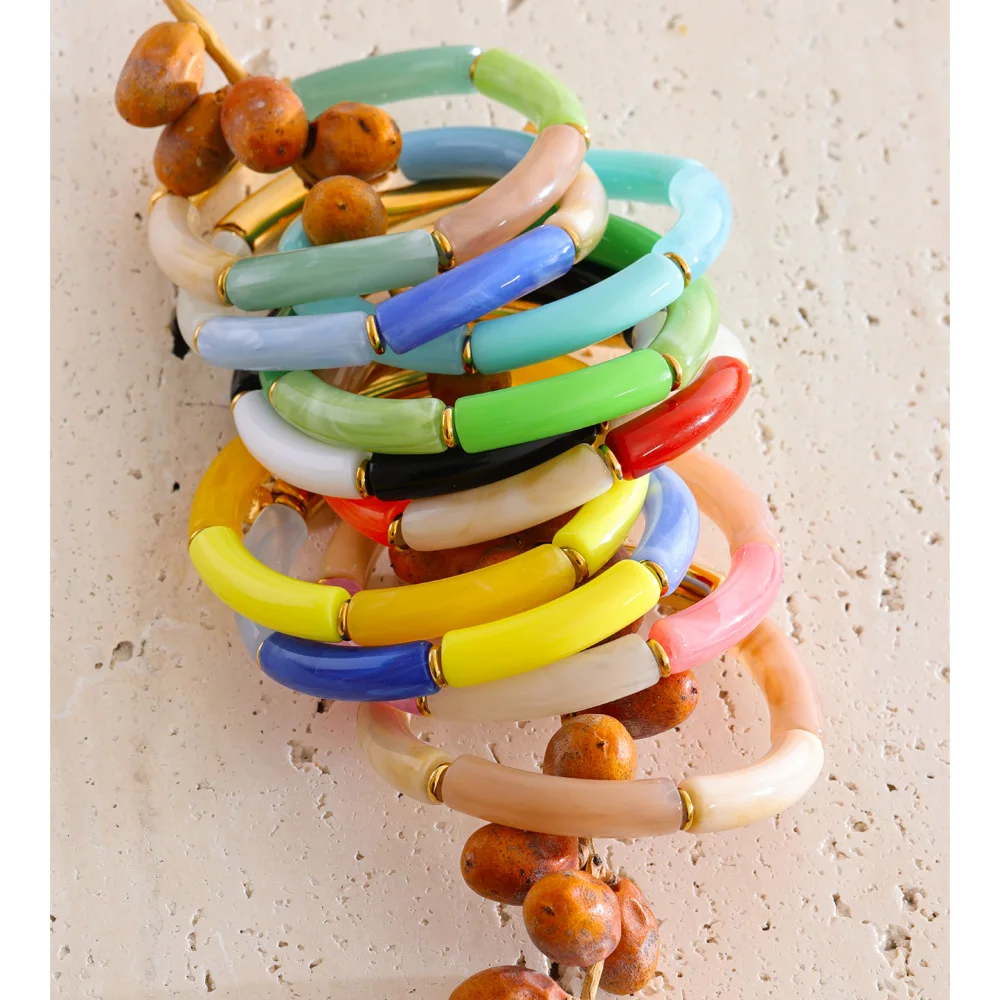 Yhpup 2026 Resin Acrylic Tubular Candy Multicolored Bracelet Bangle Stainless Steel Spring Summer Handmade Fashion Wrist Jewelry