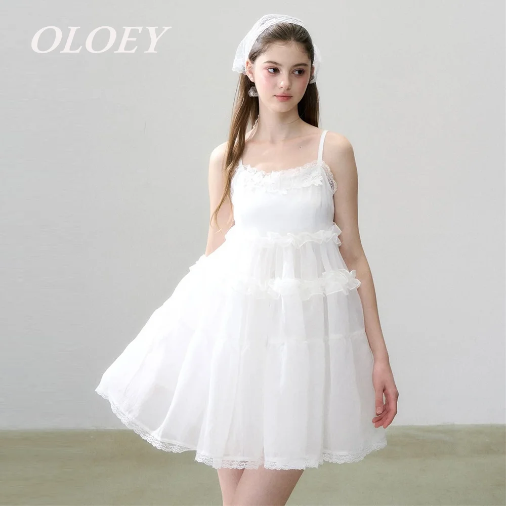 

OLOEY Modern Ruffle Short Wedding Dresses Spaghetti Straps Mini Bridal Gowns Customized Pleats Organza Lace Edage Zip Back