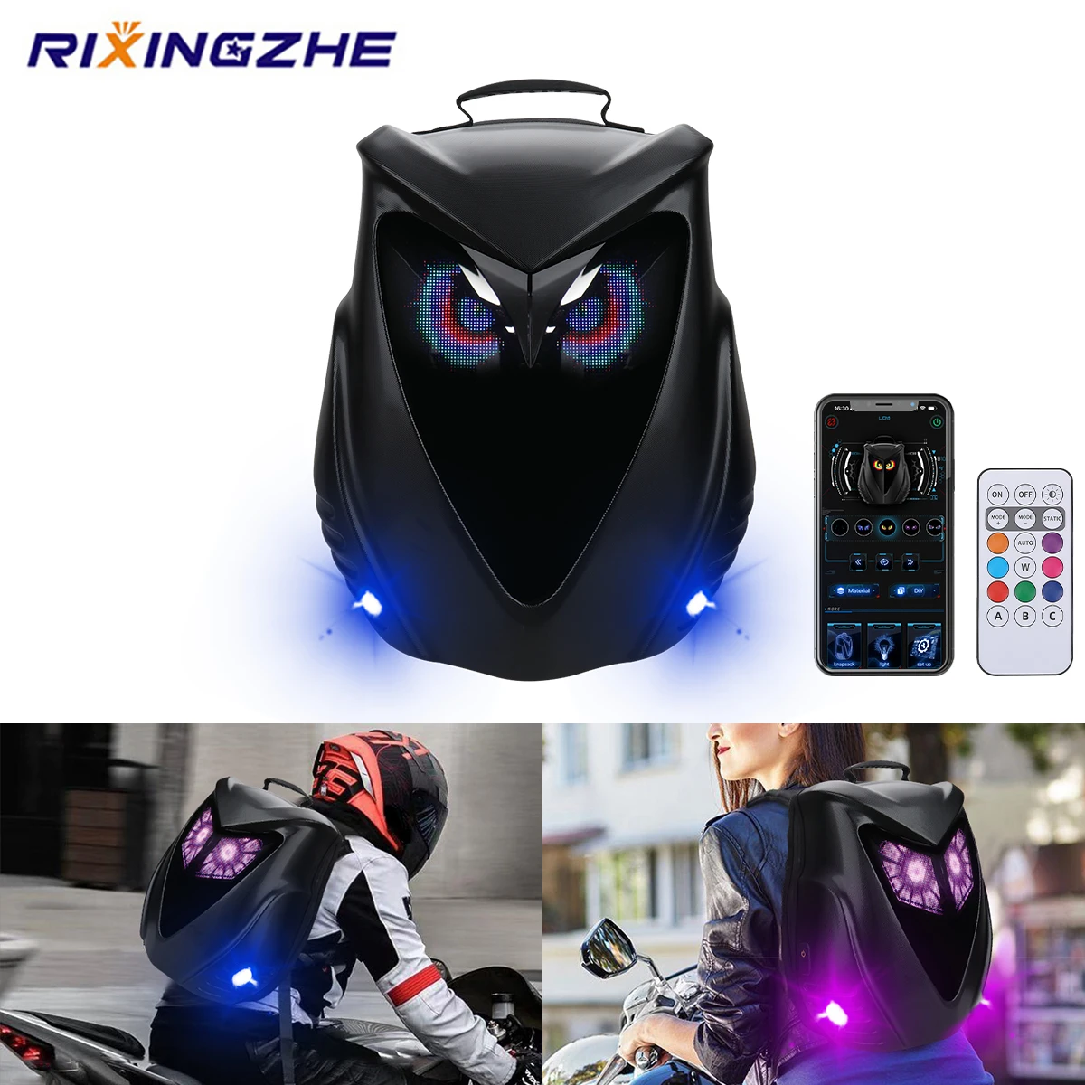 LED Screen Owl Cycling Backpack Programmable DIY Riding Bag APP Control Motorcycle Helmet Bag Hard Shell With Flashing light