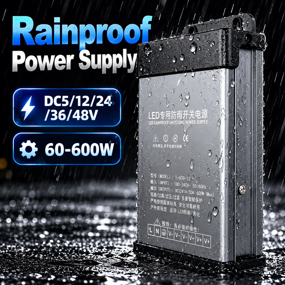 Rainproof LED Switching Power Supply AC180-260V to DC 5V 12V 24V 36V 48V 60-600W Outdoor Transformer for Outdoor use Luminaire