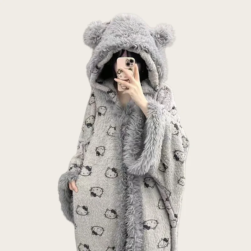 

Women Anime Hellokitty Autumn Winter Flannel Hooded Pajamas Sanrio AnimeY2 Pajamas WarmCartoon Home Clothes Oversize Night-Robe
