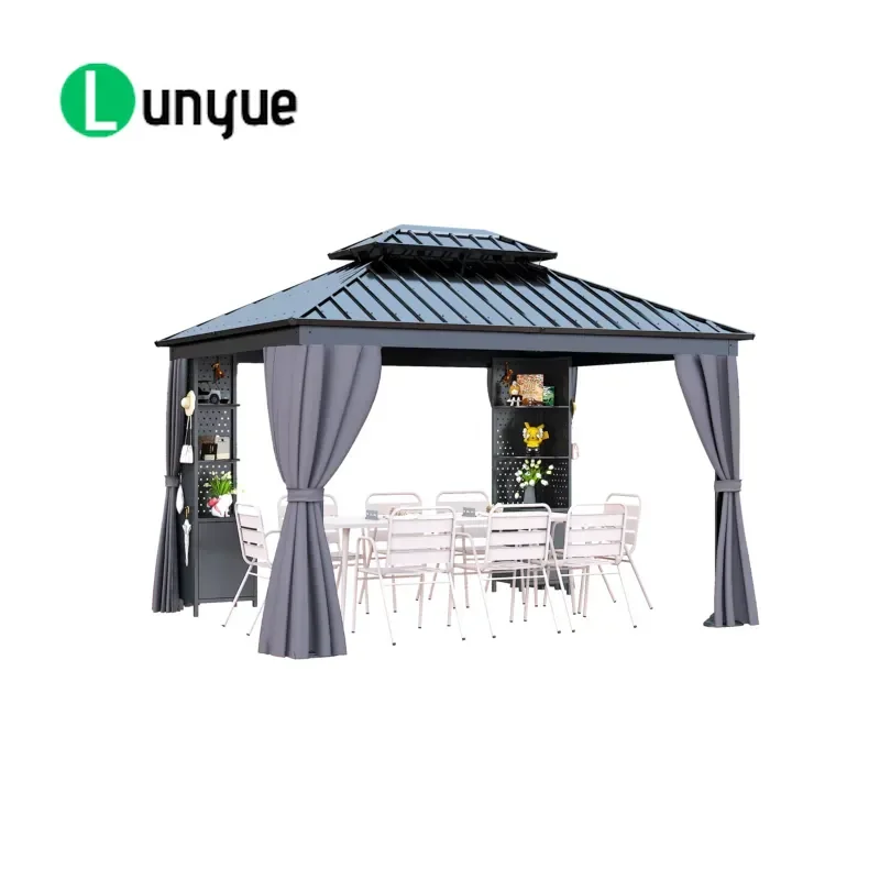 Outdoor Waterproof Aluminum Alloy Galvanized Steel Double Roof Hardtop Gazebo With Storage Racks For Gardens Terraces Patio