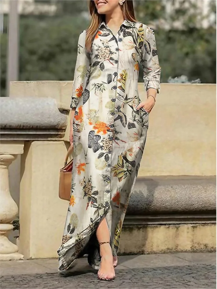 

Autumn Vintage Flower Print Loose Dress Fashion Shirt Lapel Collar Maxi Dress Spring Women Casual Long Sleeve Pocket Dress