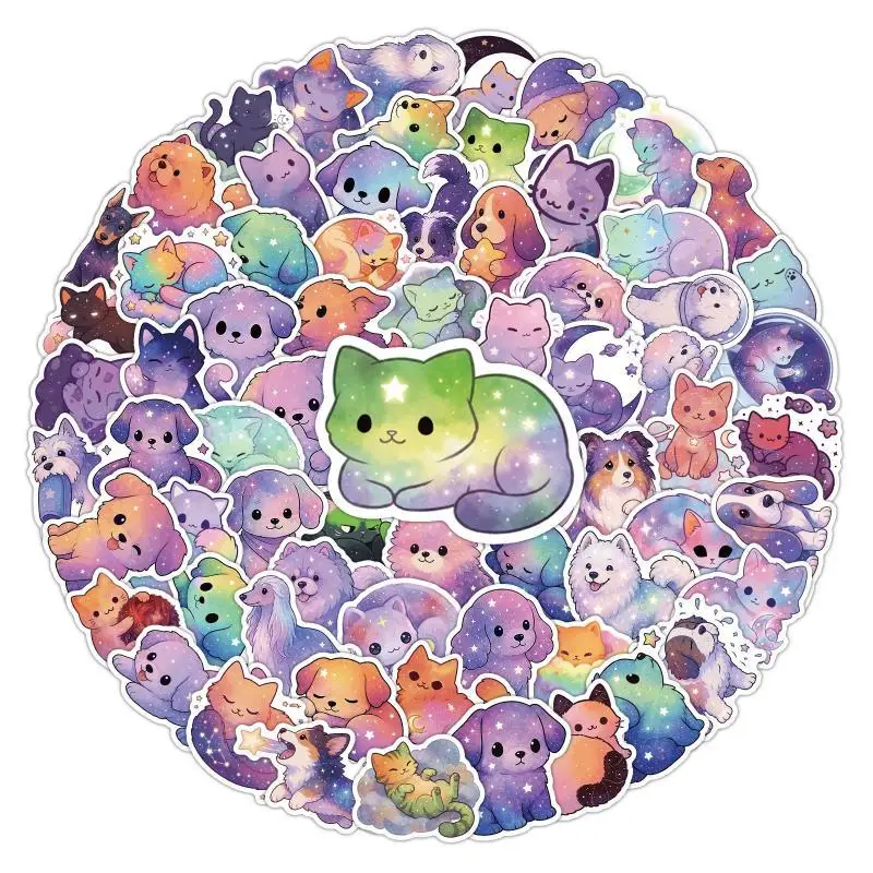 Cartoon Cat Dog Starry Night Doodle Stickers 50/100 Pack Waterproof Decals for Bicycle Helmet Water Bottle Laptop Luggage